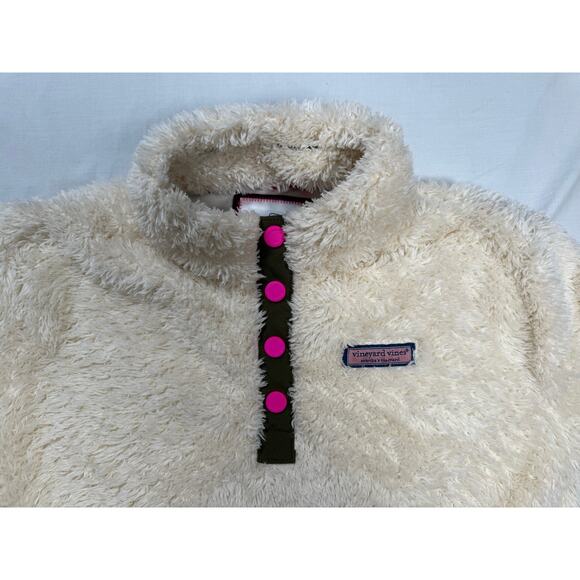 Vineyard Vines Teddy Fleece Snap Pullover Girls size L (14) Off White Pink Green - Picture 6 of 13